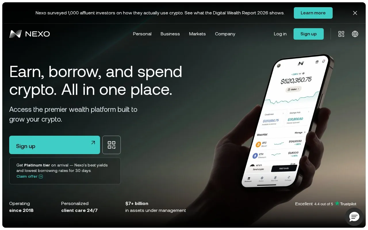 Nexo homepage screenshot