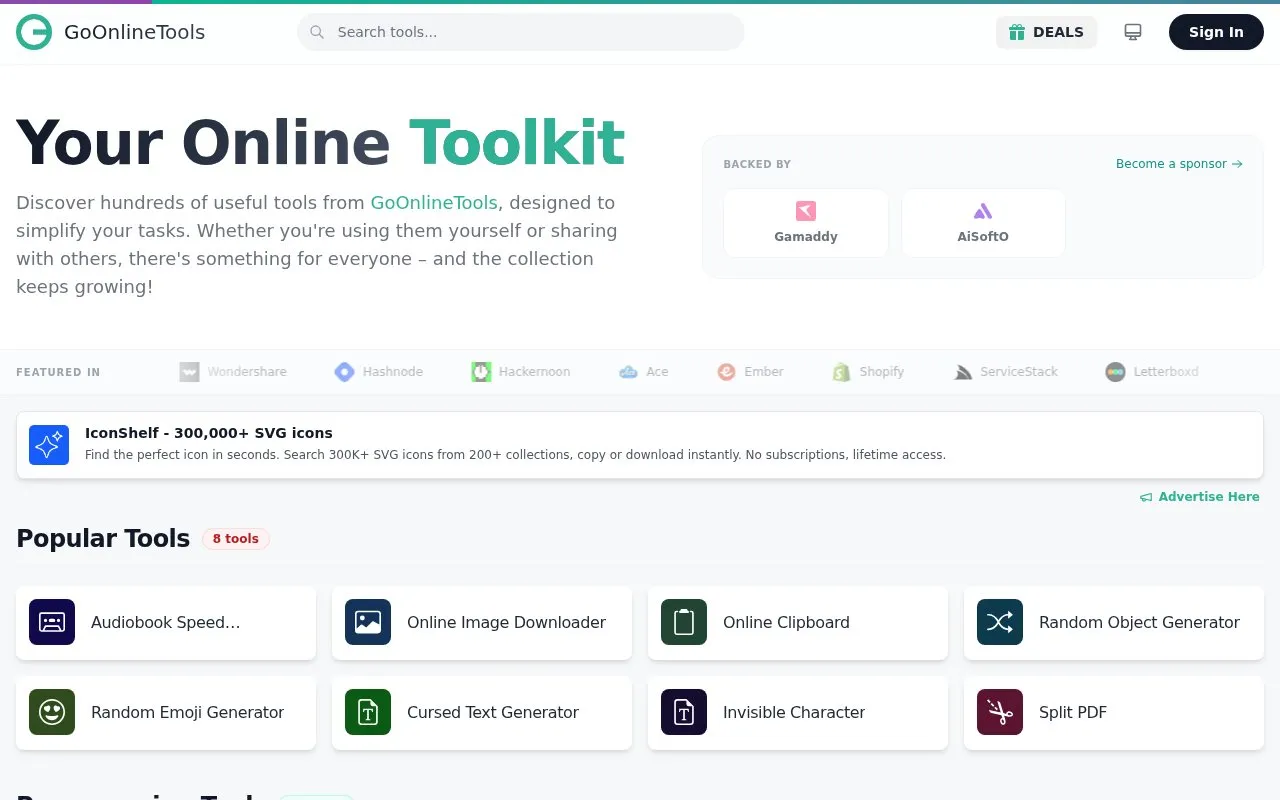 GoOnlineTools homepage screenshot