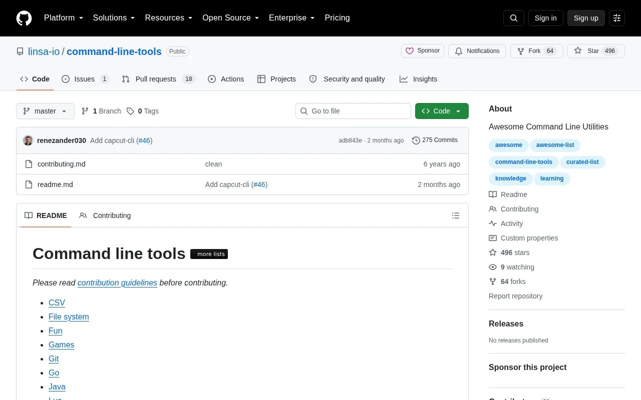 Command Line Tools homepage screenshot