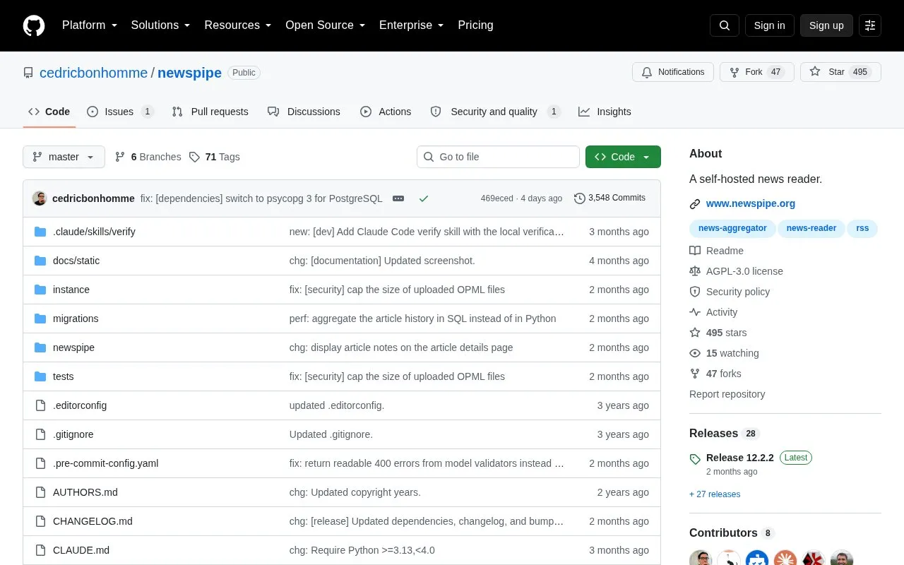 NewsPipe homepage screenshot