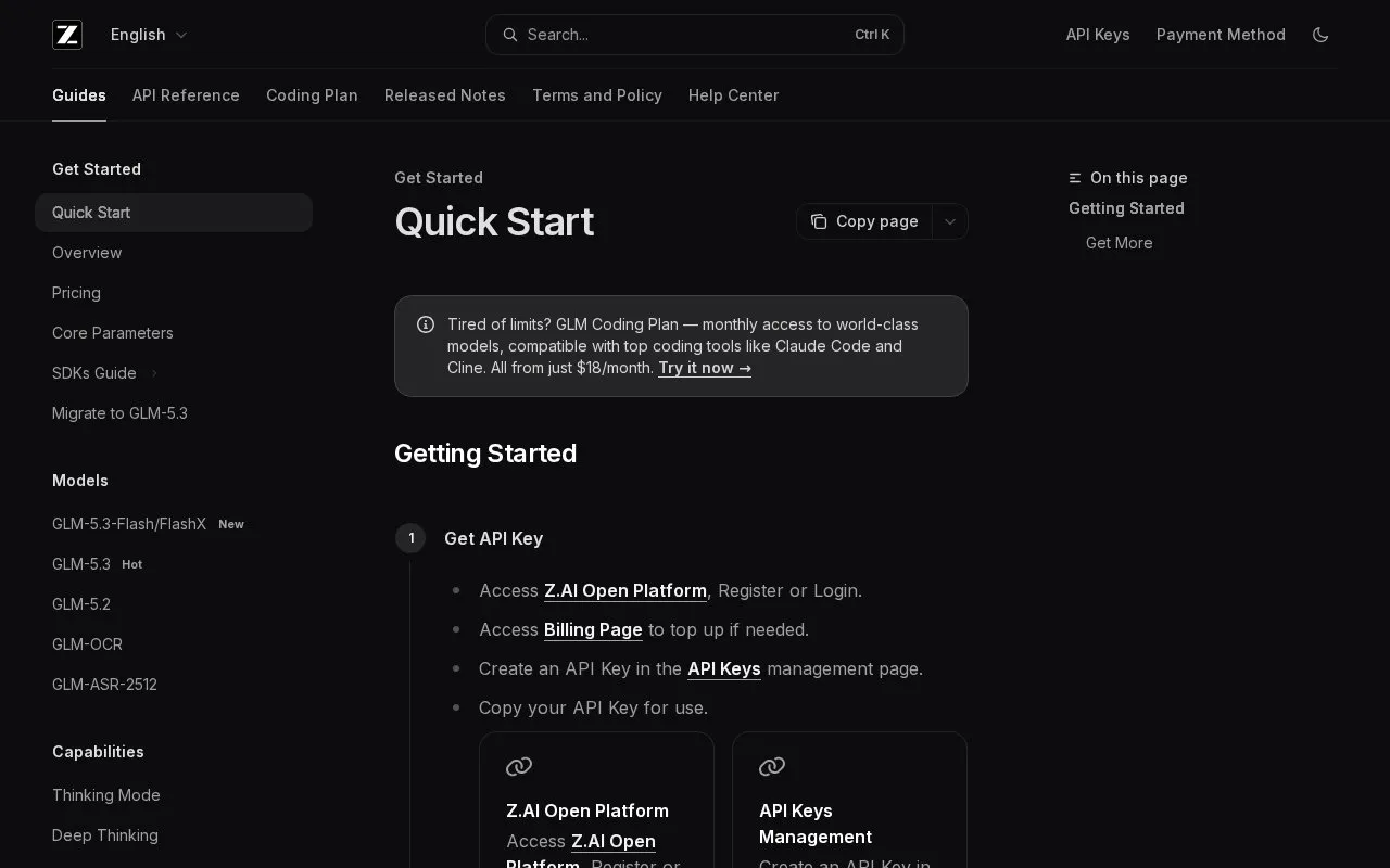 Z.AI Developer Platform homepage screenshot