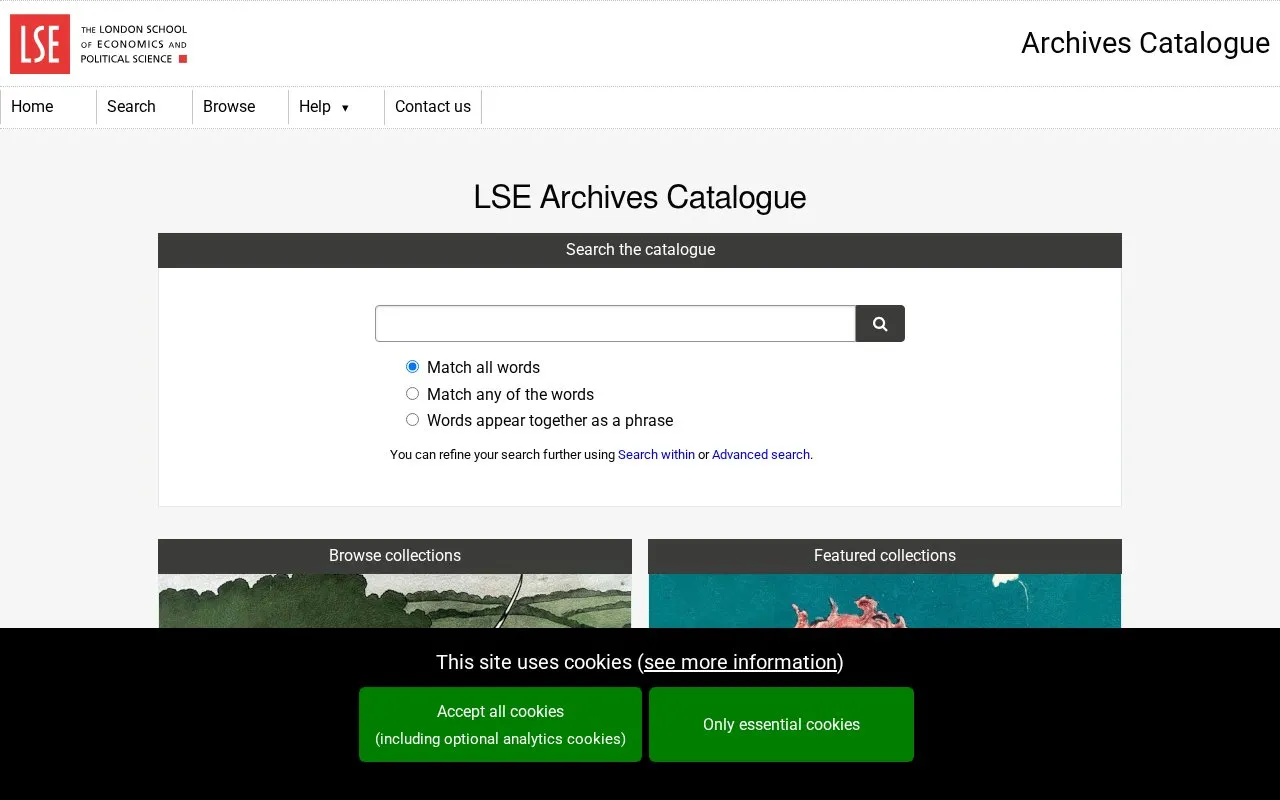 LSE Library Archives online catalogue homepage screenshot