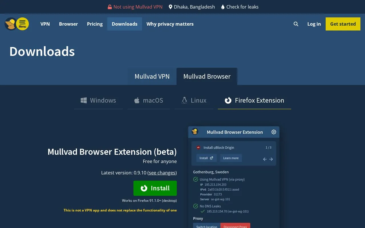 Mullvad Browser Extension homepage screenshot