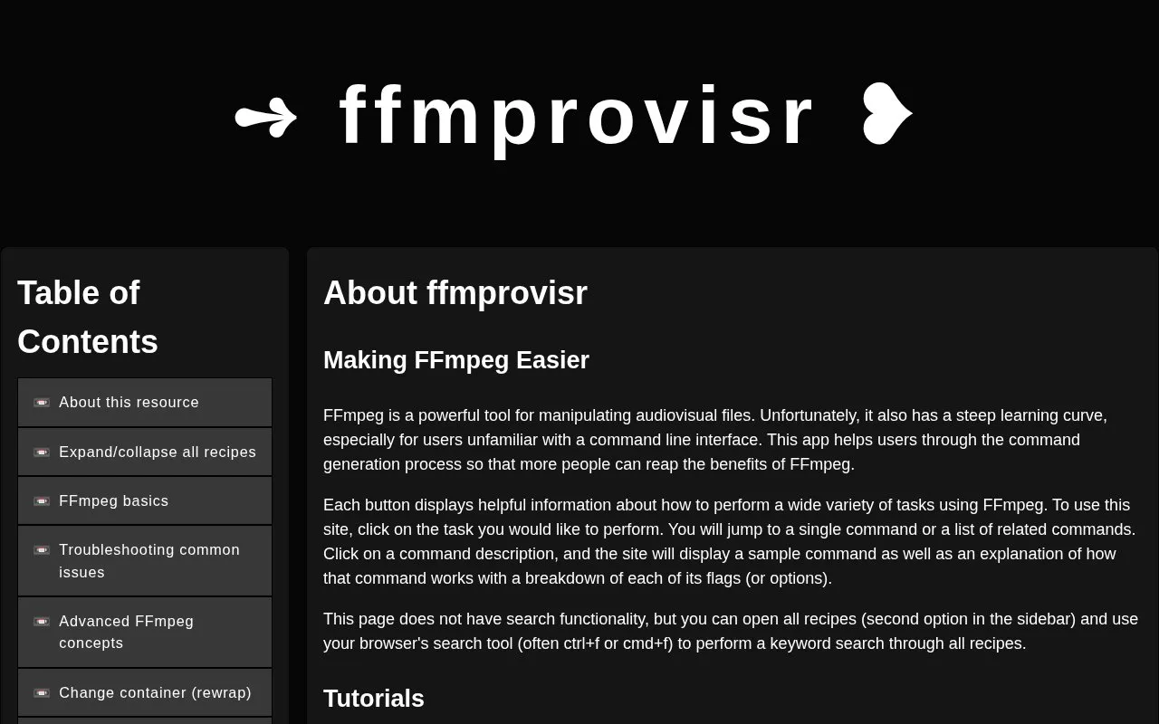 ffmprovisr homepage screenshot