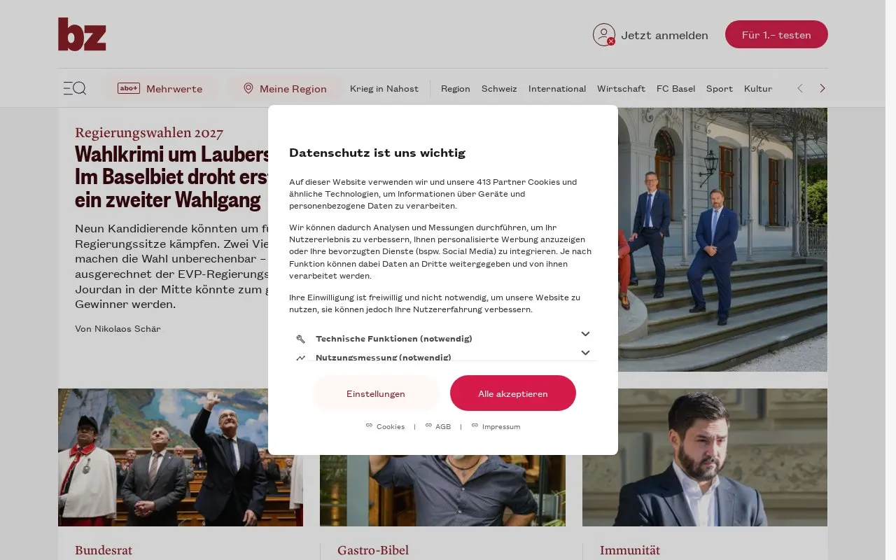 bz - Zeitung für die Region Basel homepage screenshot