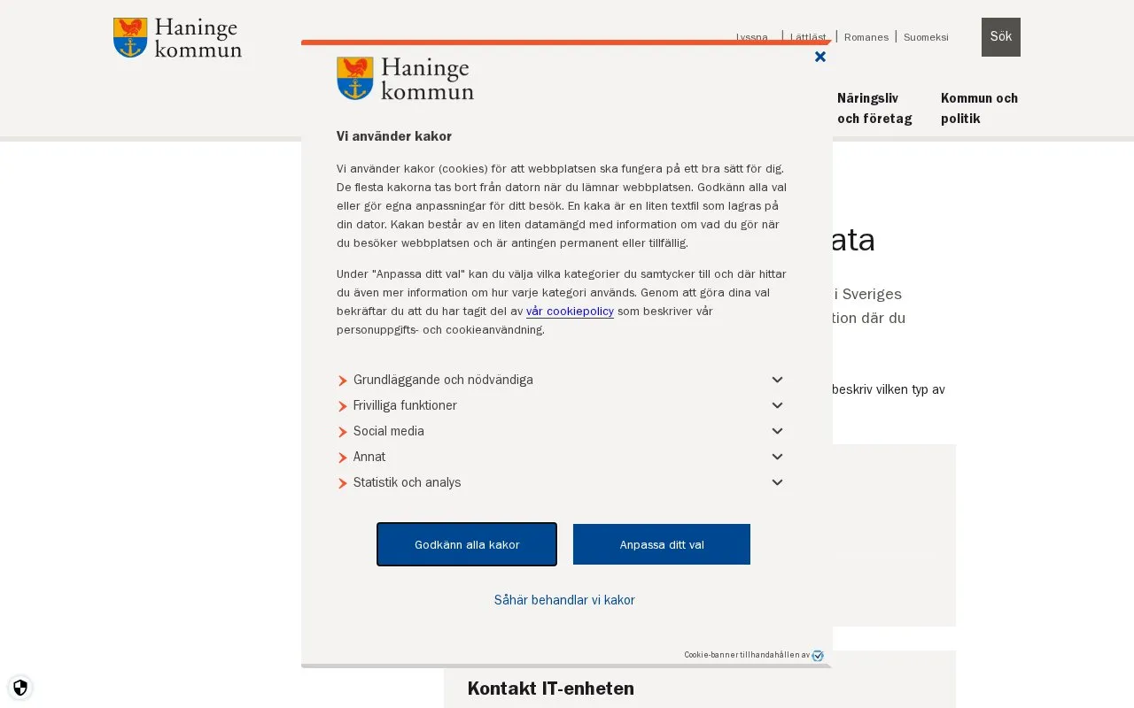 Haninge Municipality Open Data portal homepage screenshot