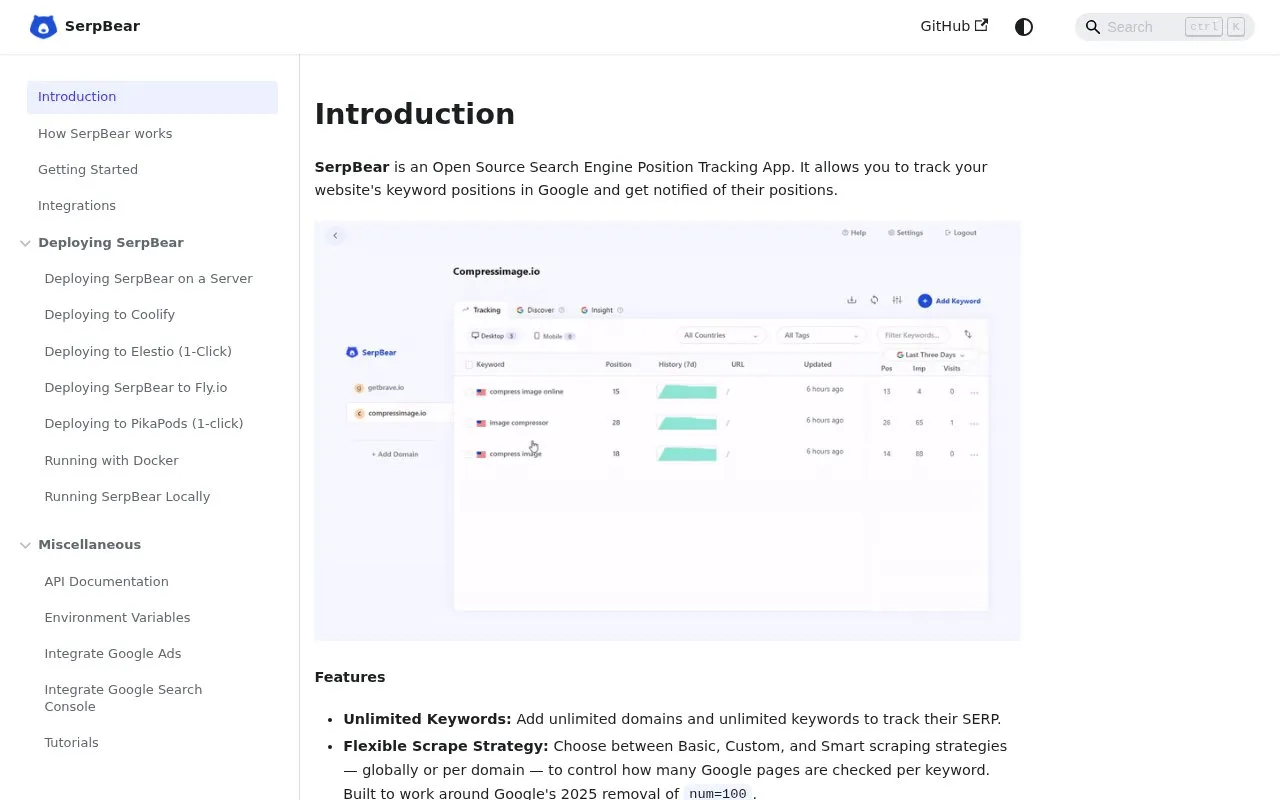 SerpBear homepage screenshot