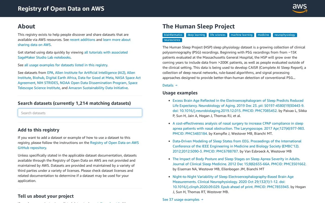 Registry of Open Data on AWS homepage screenshot
