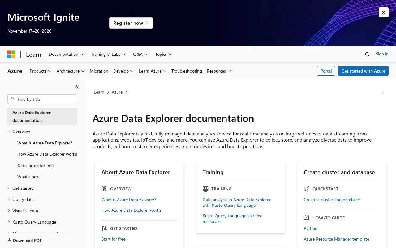Azure Data Explorer homepage screenshot