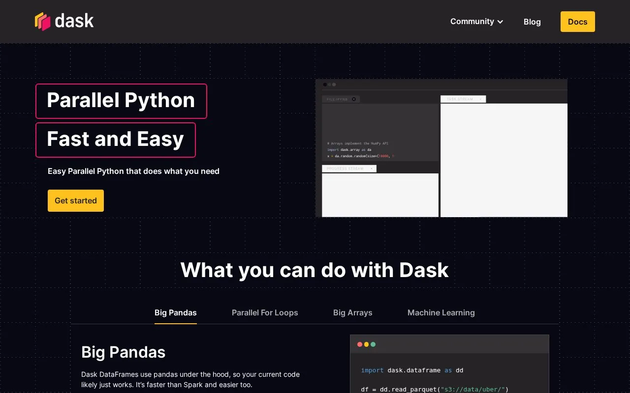 Dask homepage screenshot