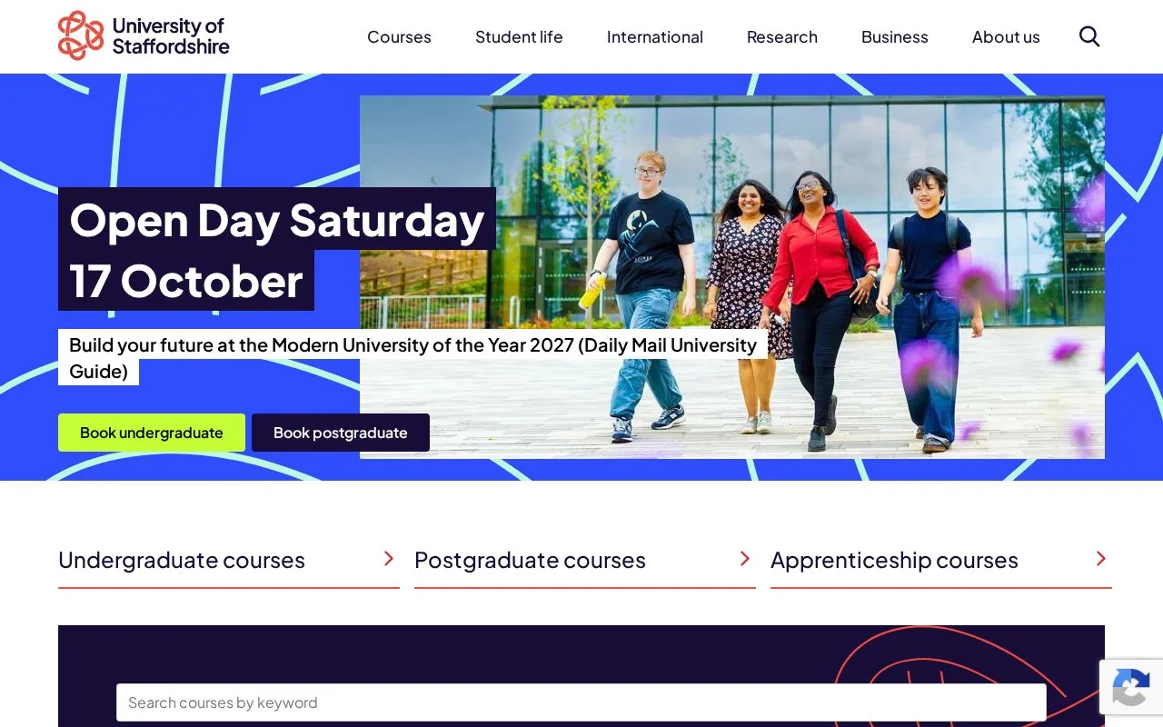 Staffordshire University homepage screenshot