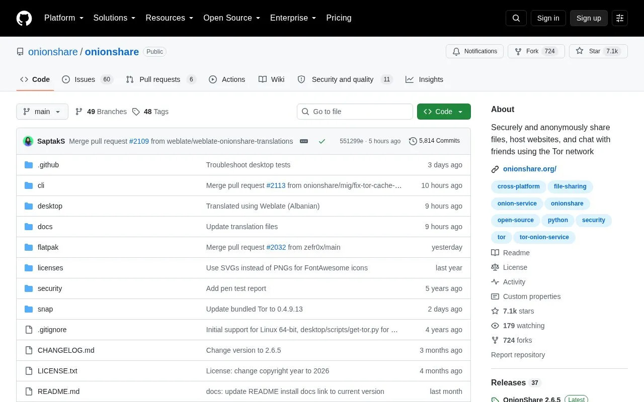 Onionshare homepage screenshot