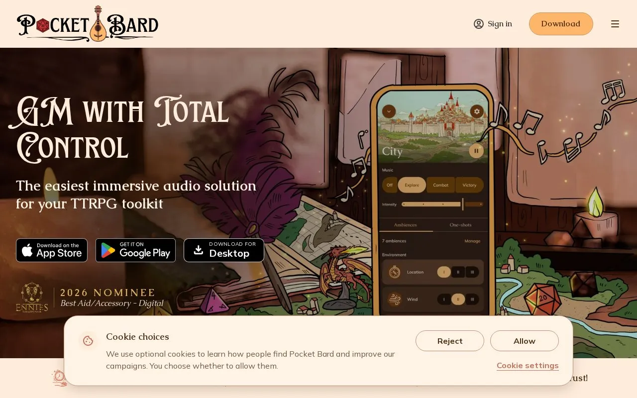 Pocket Bard homepage screenshot