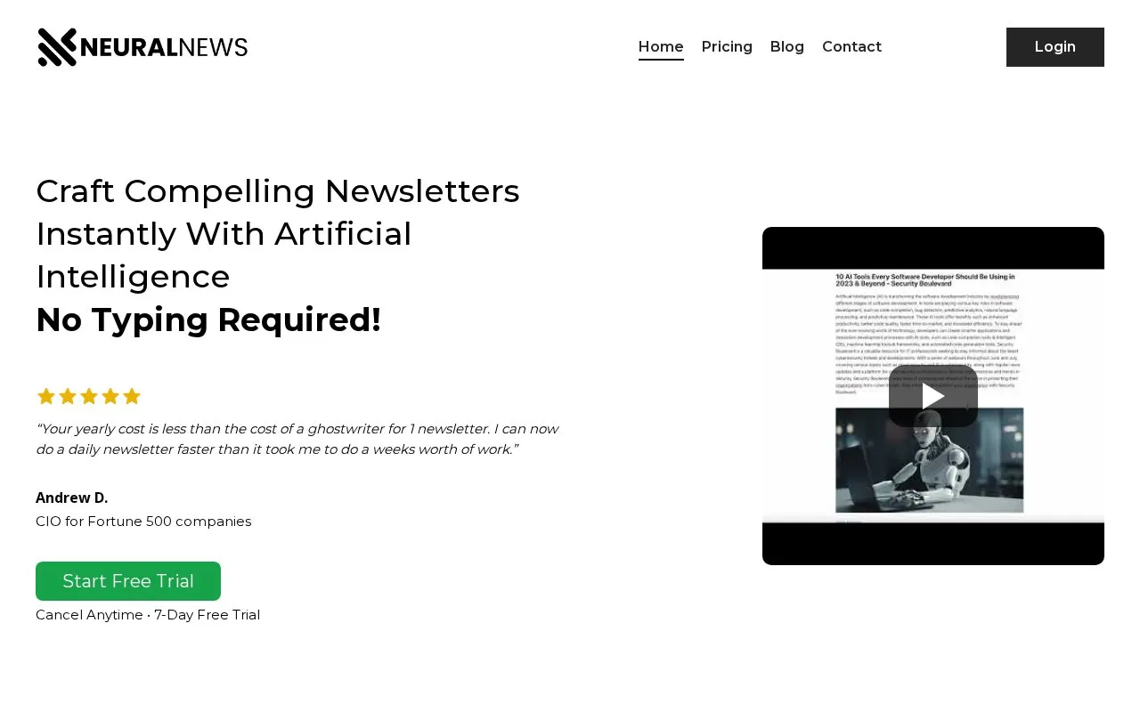 Neural Newsletters homepage screenshot