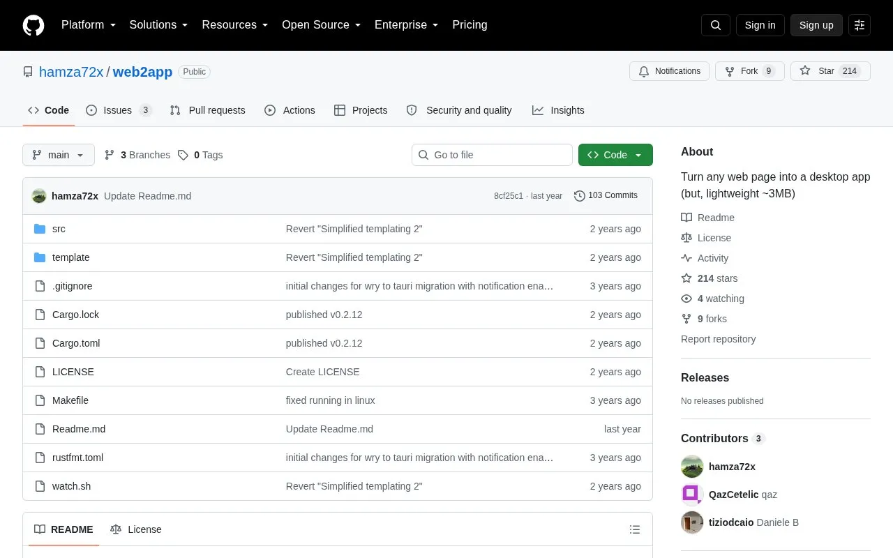 web2app homepage screenshot