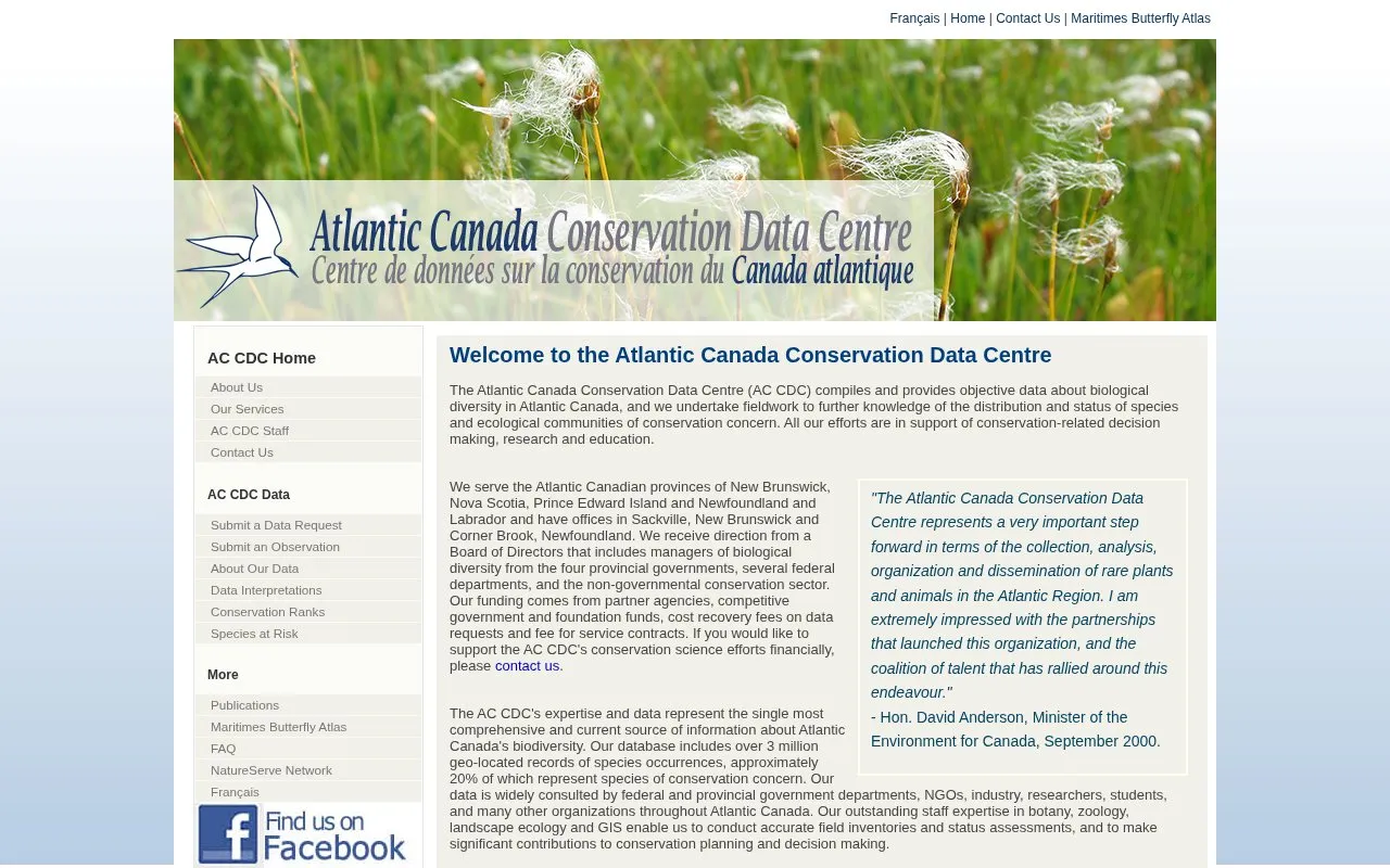 Atlantic Canada Conservation Data Centre homepage screenshot