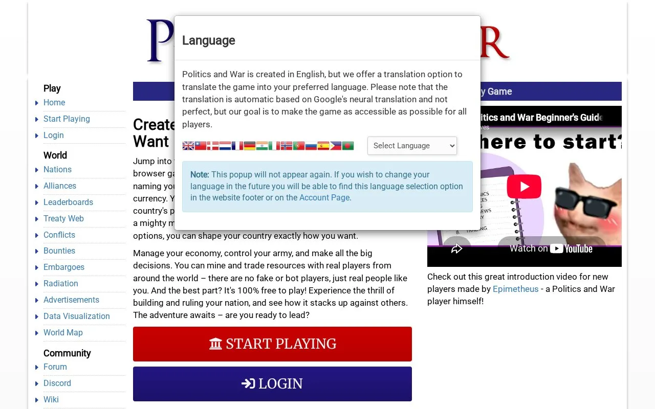 Politics and War homepage screenshot