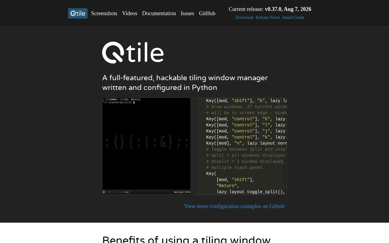 Qtile homepage screenshot