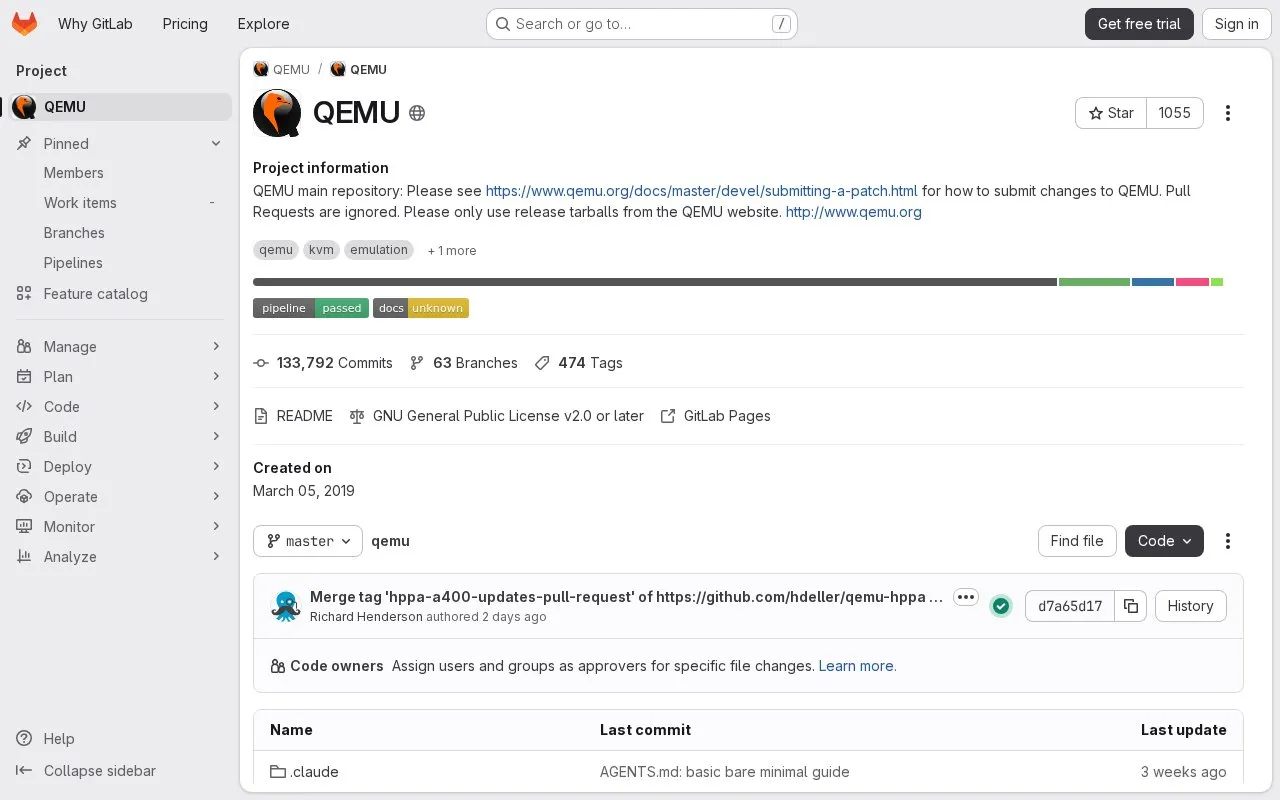 Qemu homepage screenshot