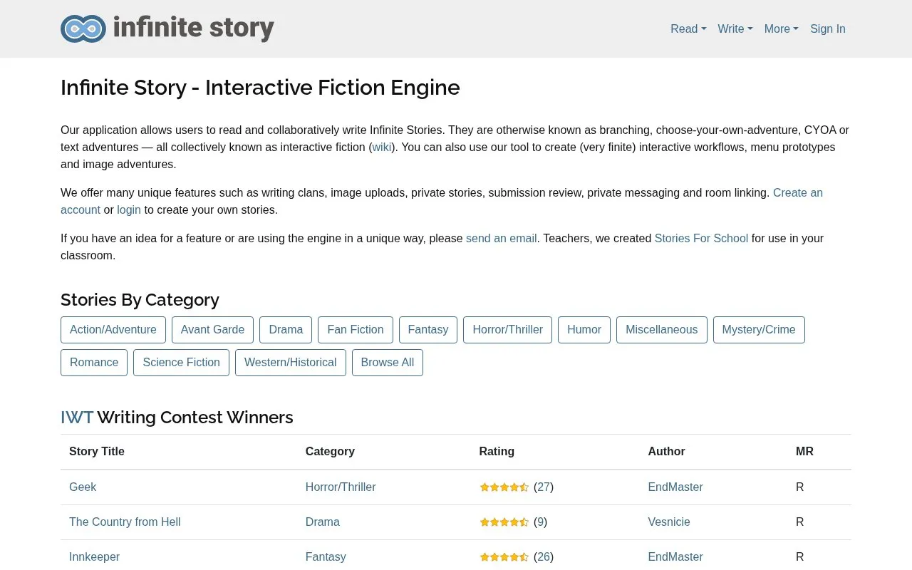 Infinite Story homepage screenshot