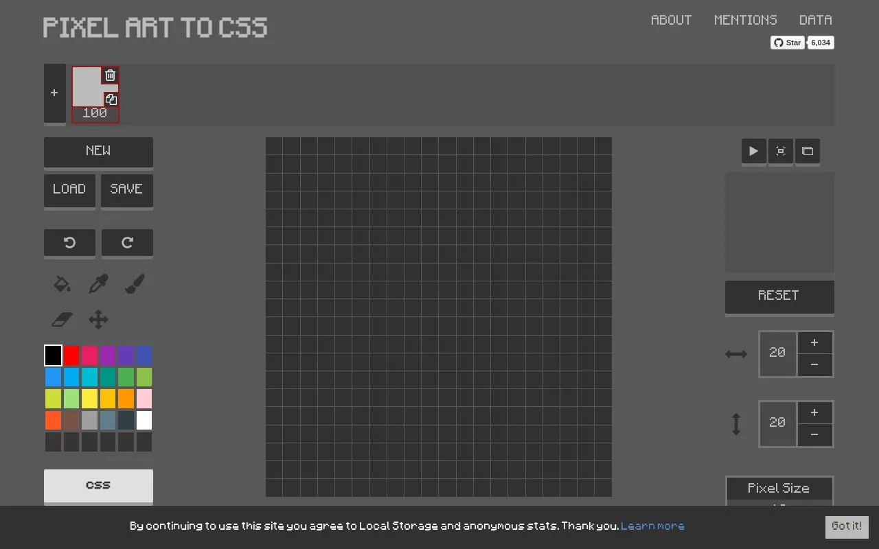 PixelArtCSS homepage screenshot