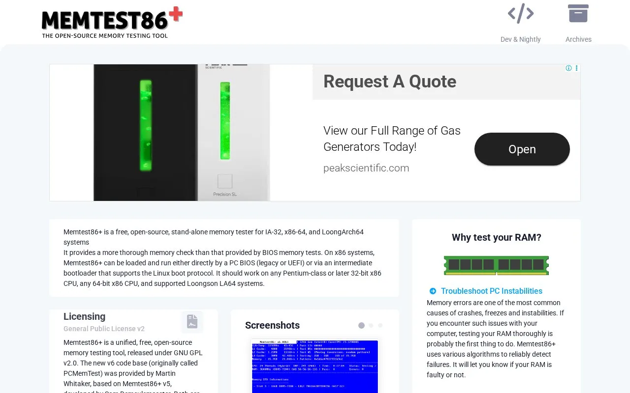 MemTest homepage screenshot