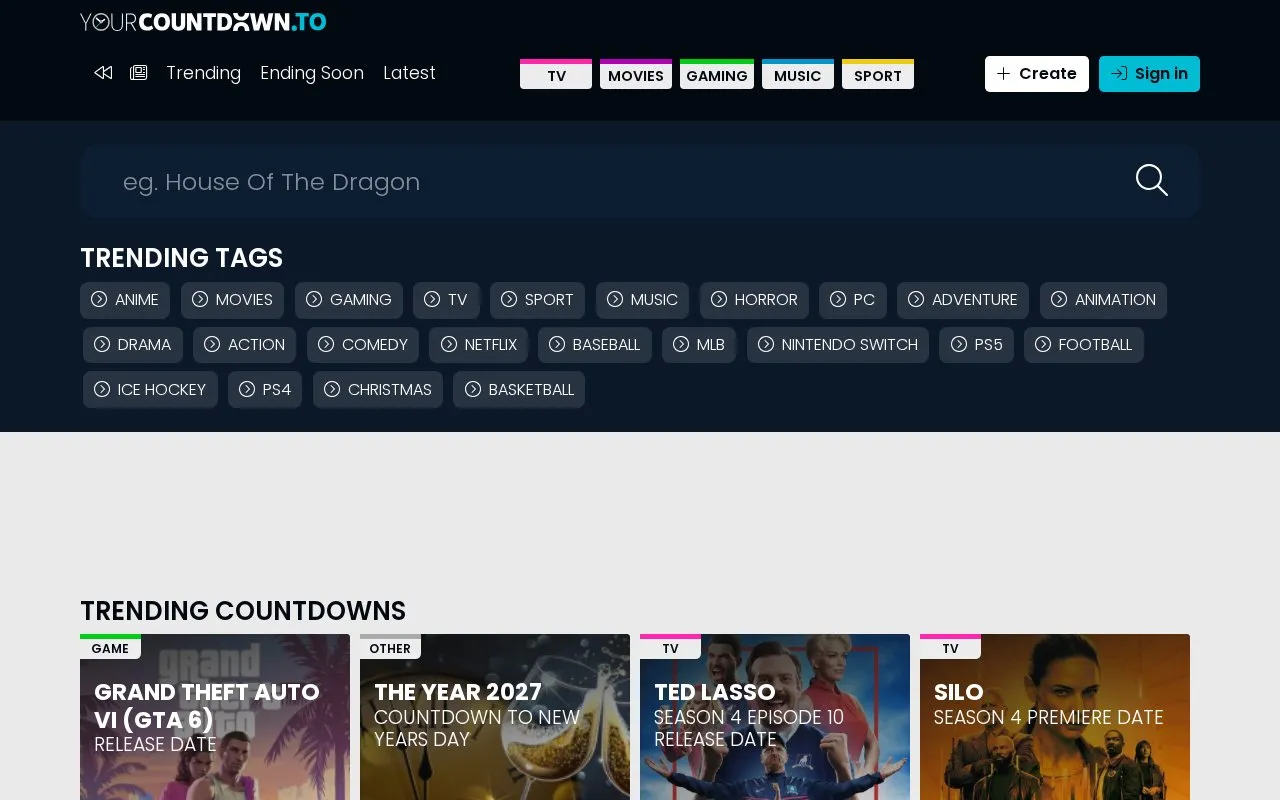Your Countdown To homepage screenshot