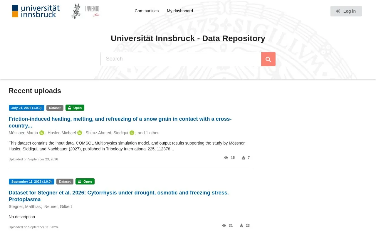 Research data repository of the Universität Innsbruck homepage screenshot