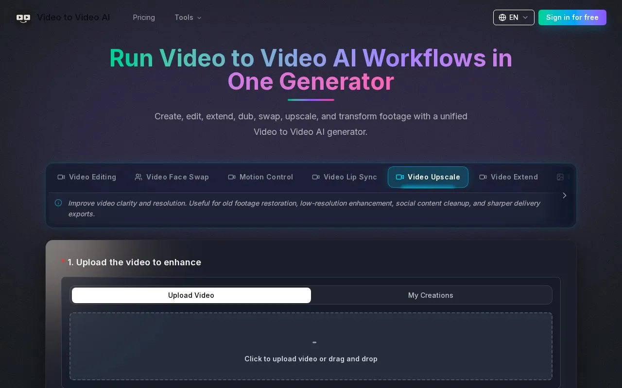 Video to Video AI homepage screenshot