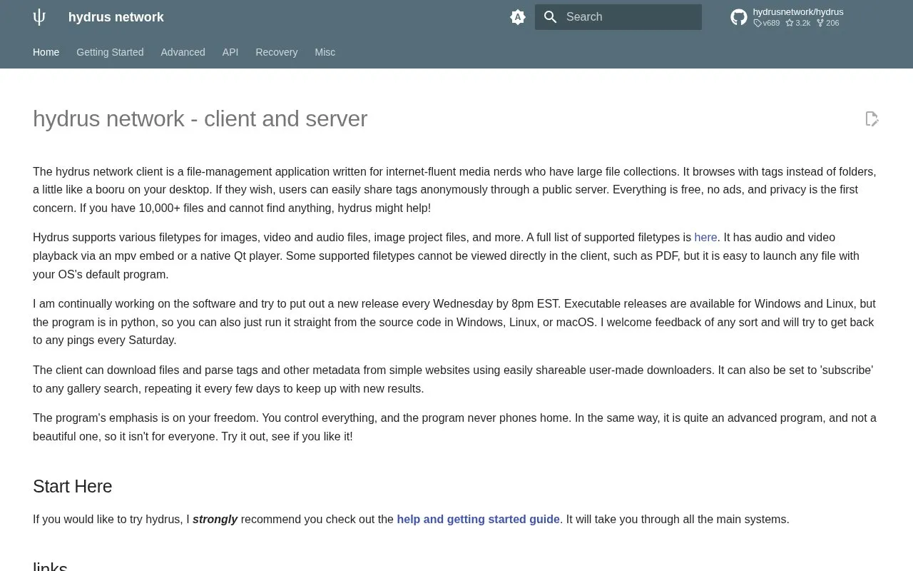 hydrus homepage screenshot