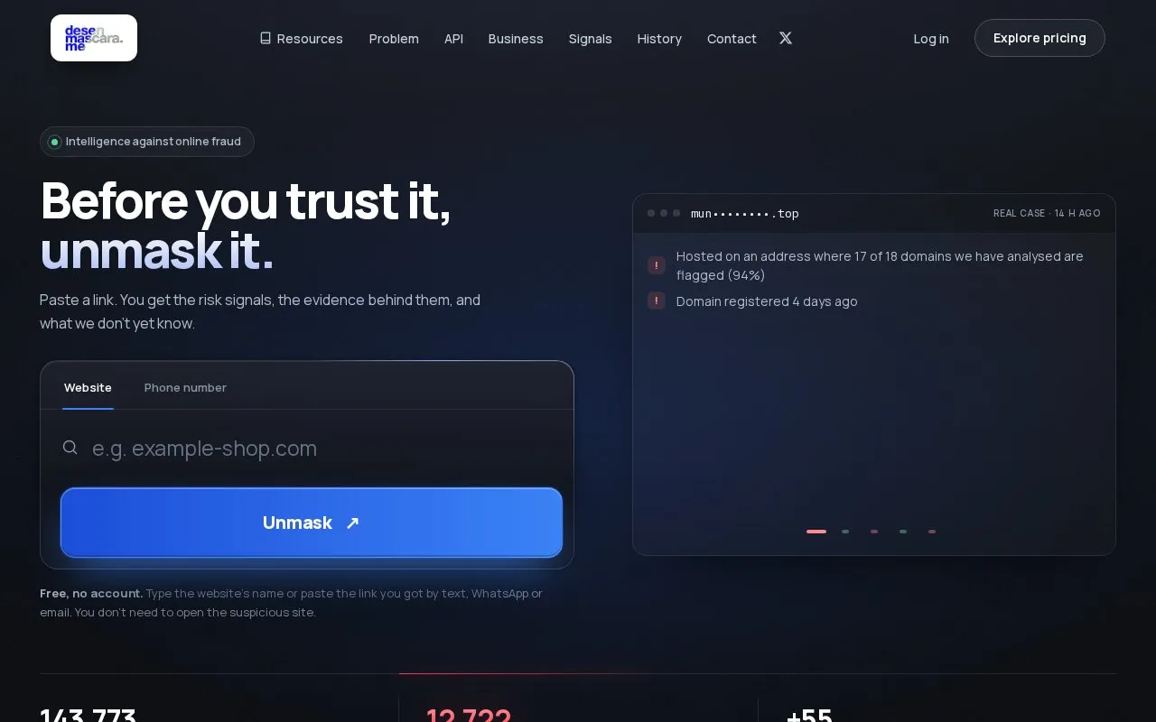 Desenmascara homepage screenshot