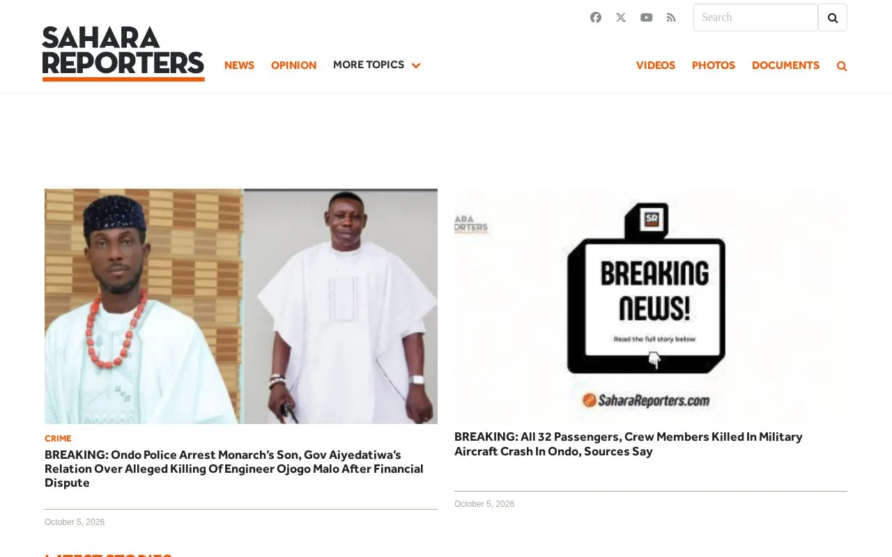 Sahara Reporters homepage screenshot