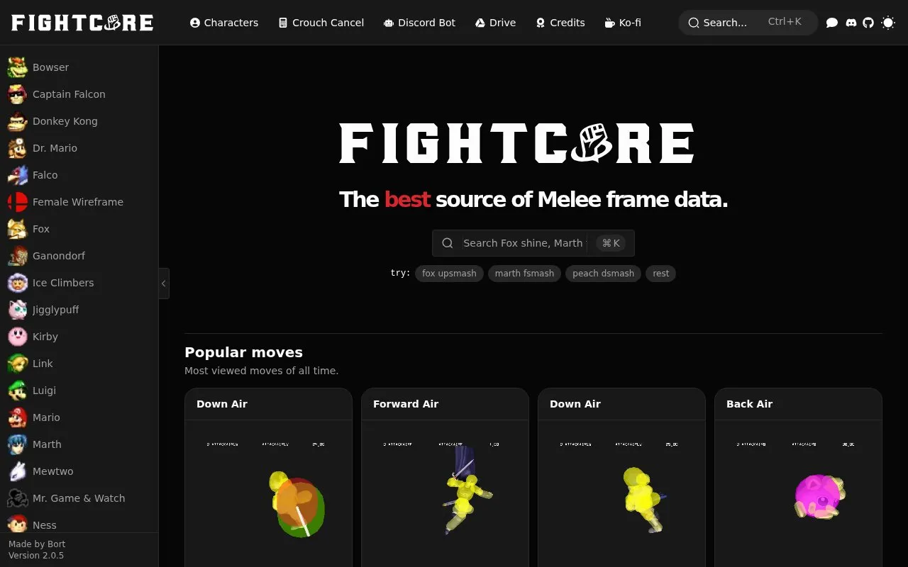 FightCore homepage screenshot