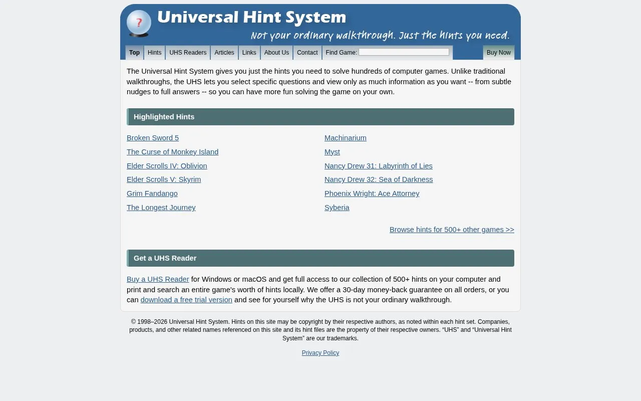 UHS Hints homepage screenshot