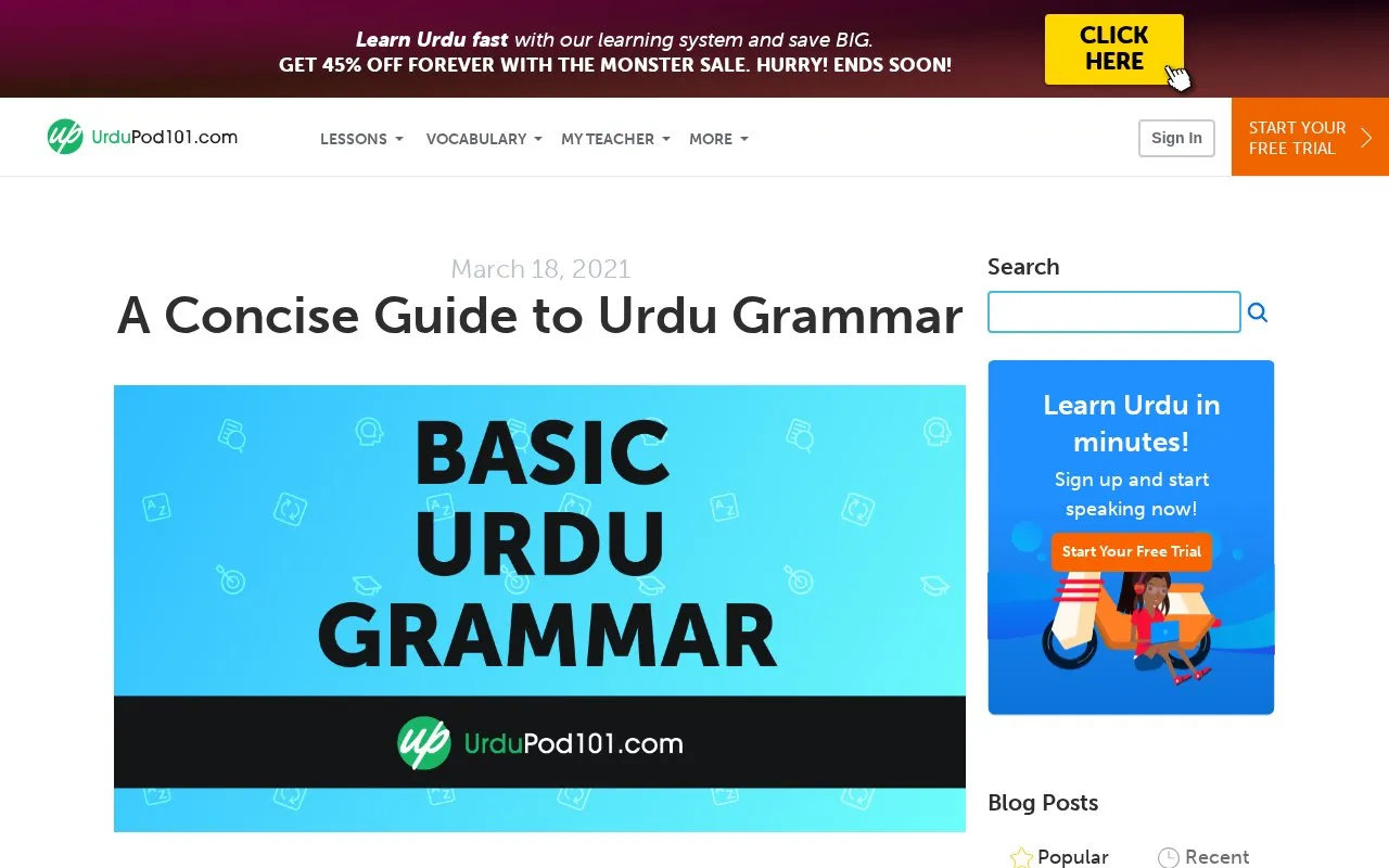 Urdupod101 homepage screenshot
