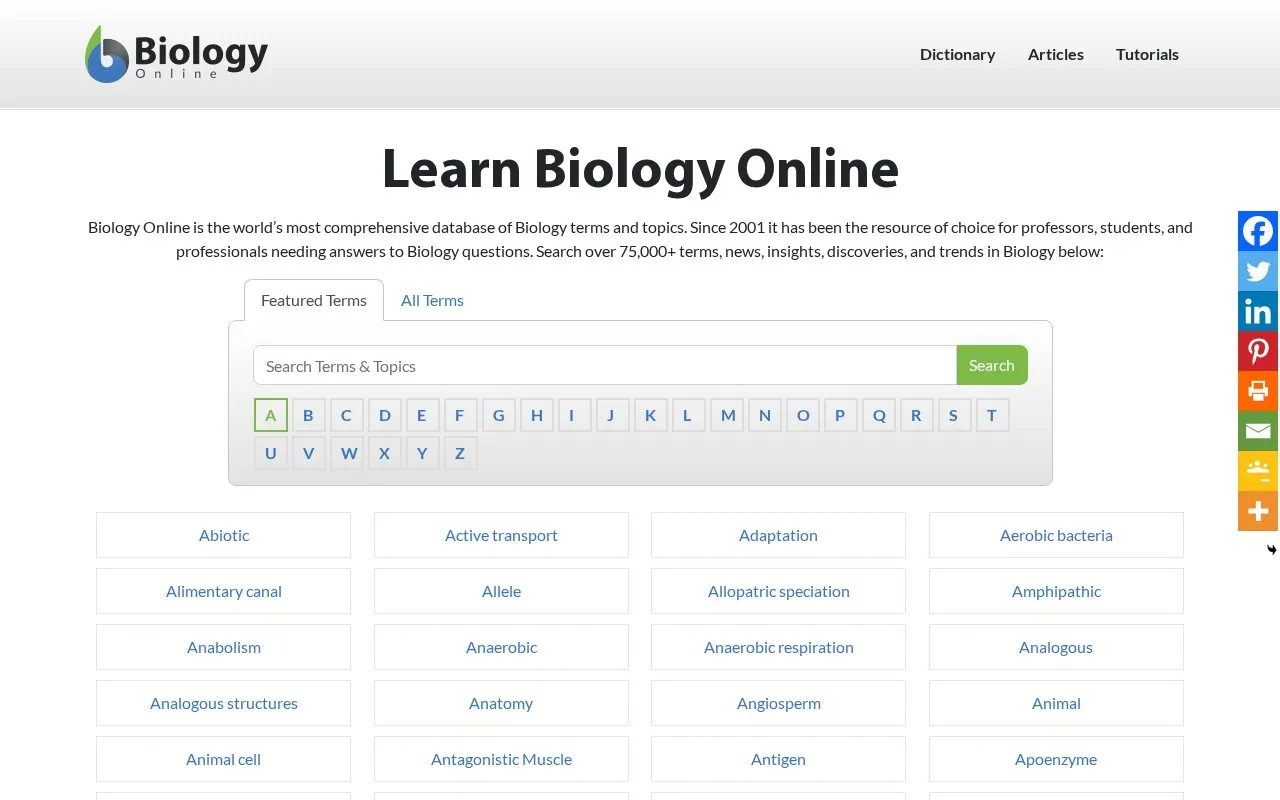 Biology Online homepage screenshot