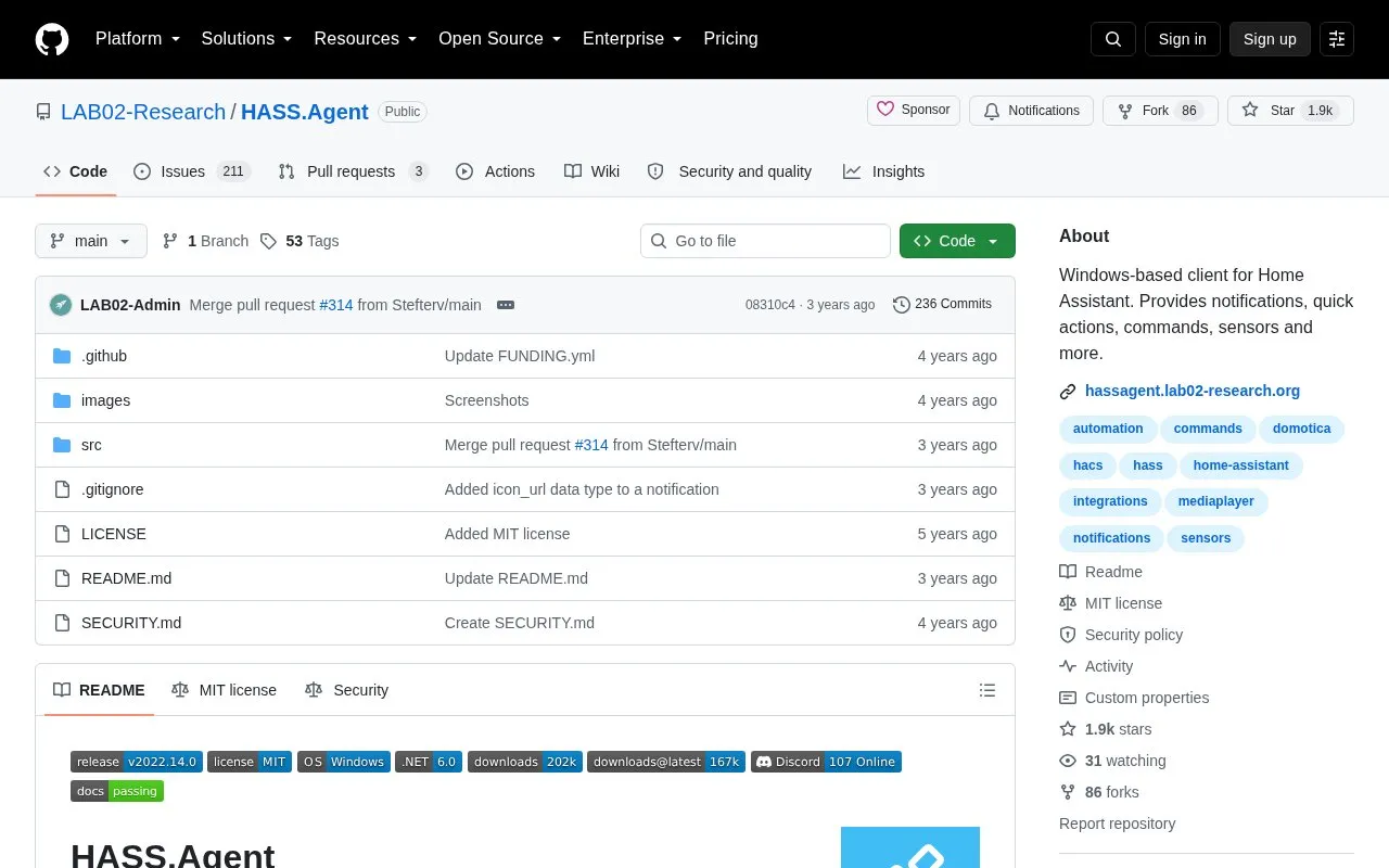 HASS.Agent homepage screenshot