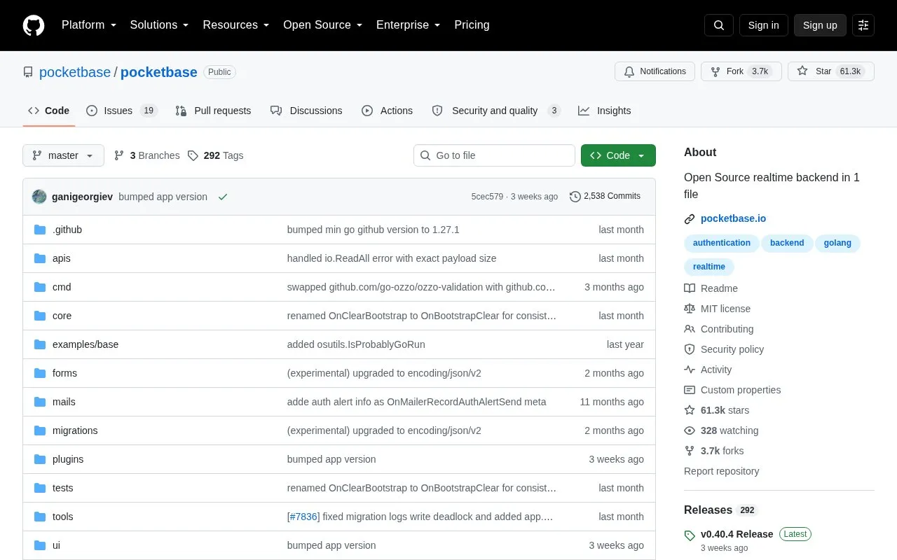 Pocketbase homepage screenshot