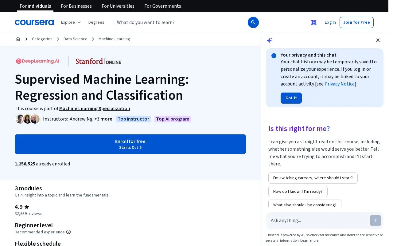 Andrew Ng’s Machine Learning at Stanford University homepage screenshot