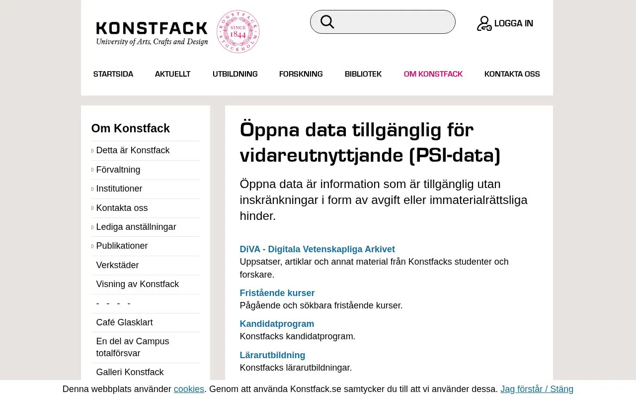 open data of the Swedish Konstfack homepage screenshot