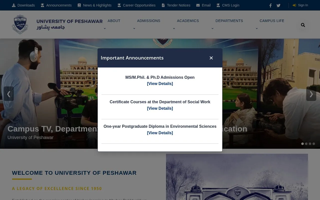 University of Peshawar homepage screenshot