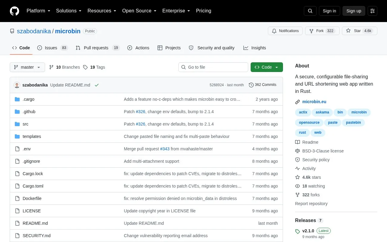 Microbin homepage screenshot