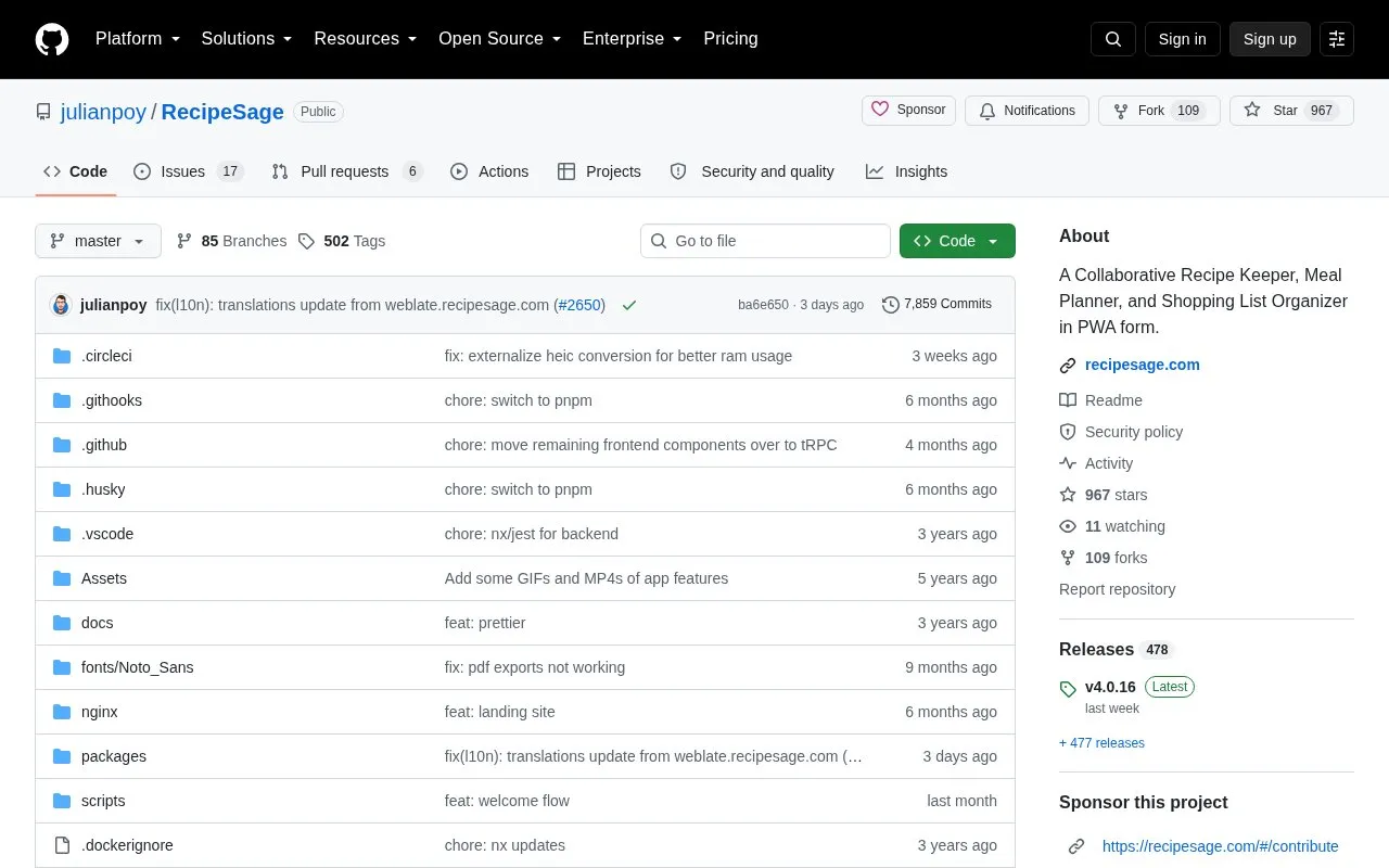 Recipesage homepage screenshot