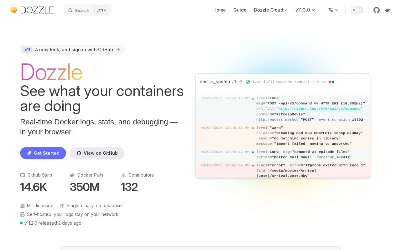 Dozzle homepage screenshot