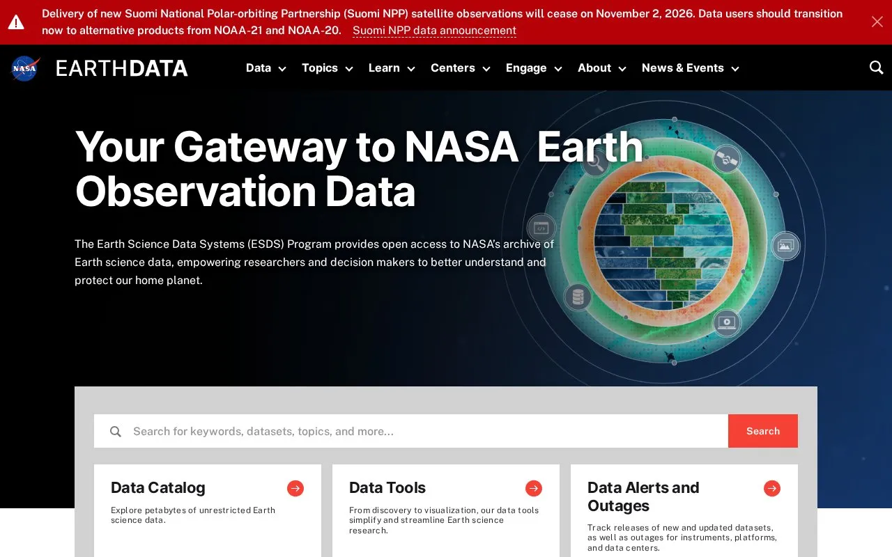 Earthdata powered by EOSDIS homepage screenshot