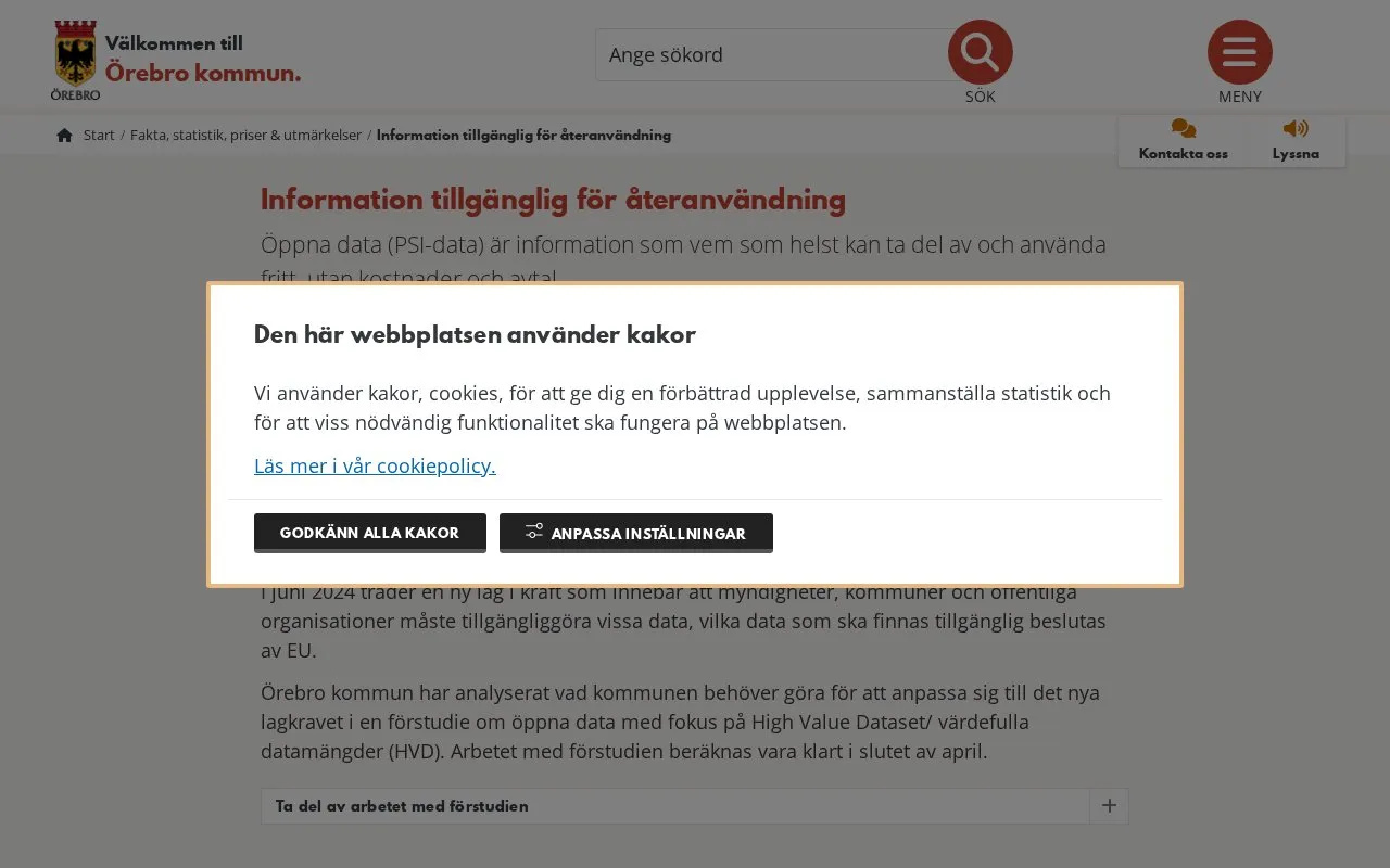 Open Data Örebro Municipality homepage screenshot