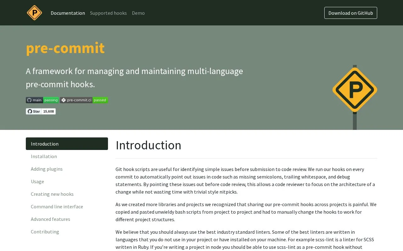 pre-commit homepage screenshot