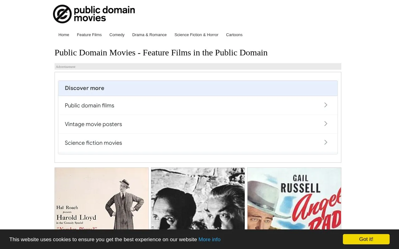 Public Domain Movies homepage screenshot