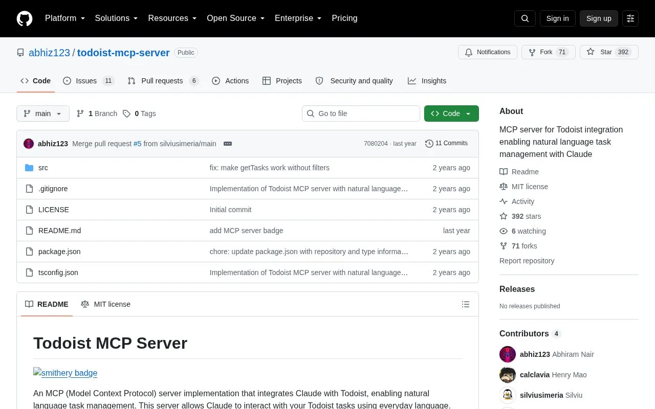 abhiz123/todoist-mcp-server homepage screenshot