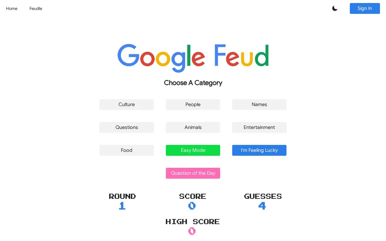 Google Feud homepage screenshot